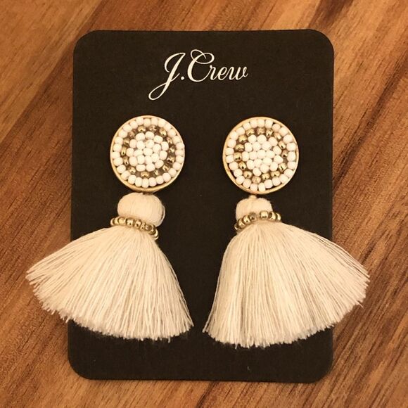 J.Crew | Beaded Cream Tassel Earrings | 2” Length - Picture 1 of 3